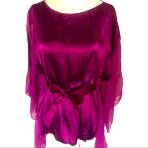 ELIE TAHARI Tie Waist Magenta Satin Kimono Blouse